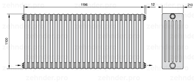 Схема (чертеж) Радиатор Zehnder Charleston 6110/26 №2670 Белый глянцевый RAL 9016